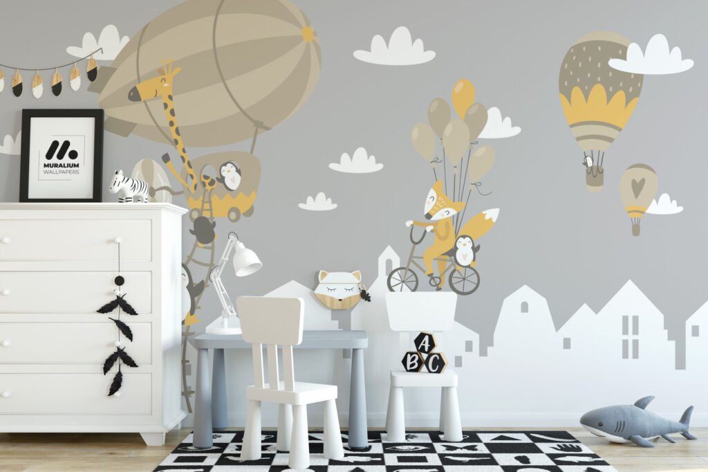 Pastel Hava Balonları ve Penguenler Çocuk Odası Duvar Kağıdı Bebek Odası Duvar Kağıtları 3