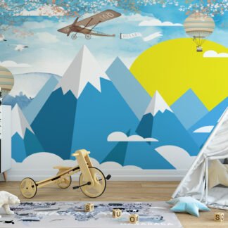 Mavi Dağlar, Sıcak Hava Balonları ve Uçaklar Çocuk Odası Duvar Kağıdı Çocuk Odası Duvar Kağıtları