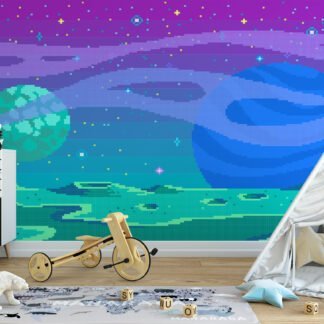Uzayda Renkli Pixel Art Uzaylı Duvar Kağıdı, Piksel Sanatı Uzay Manzarası 3D Duvar Posteri Çocuk Odası Duvar Kağıtları