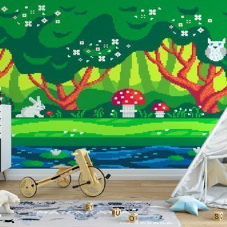 Piksel Sanatı Orman Çocuk Odası Duvar Kağıdı, Büyülü Orman Piksel Sanatı 3D Duvar Posteri Orman Temalı Duvar Kağıtları