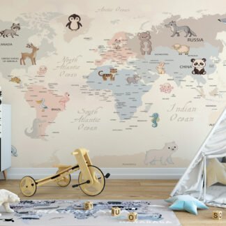 Pastel Dünya Haritası ve Hayvanlar Çocuk Odası Duvar Kağıdı Bebek Odası Duvar Kağıtları