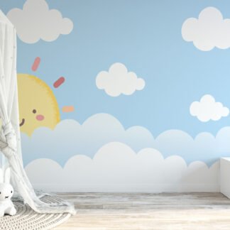 Sevimli Gülümseyen Güneş ve Bulutlar Çocuk Odası Duvar Kağıdı Bebek Odası Duvar Kağıtları