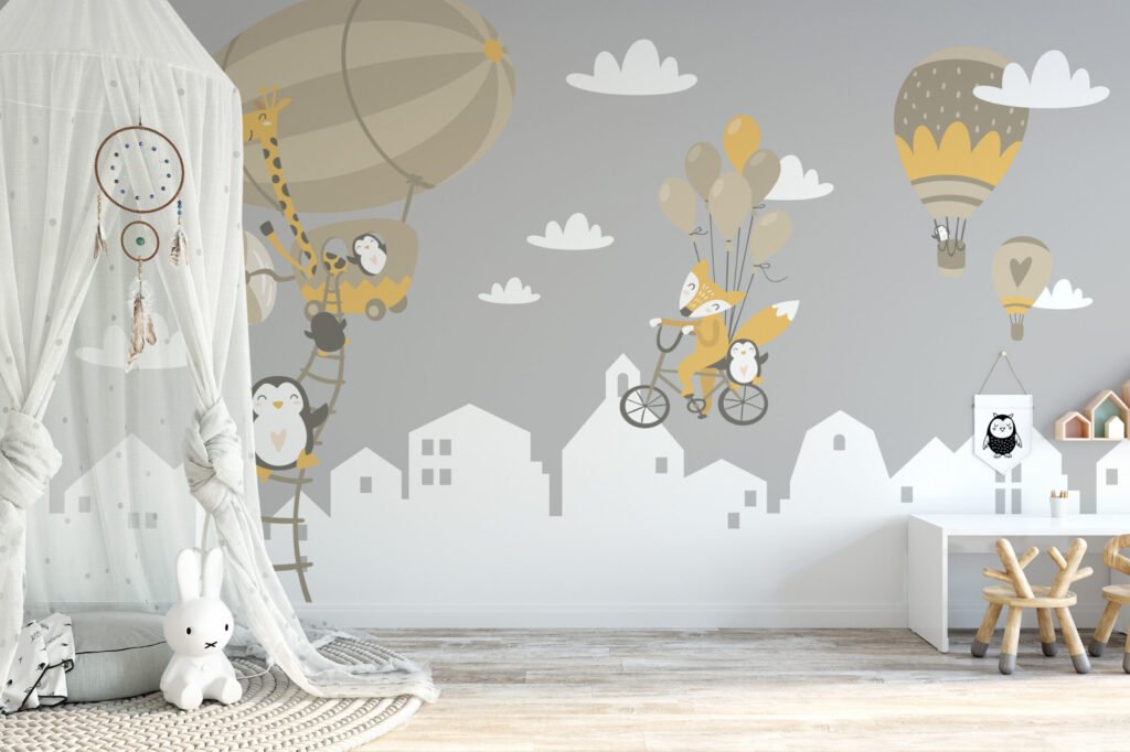Pastel Hava Balonları ve Penguenler Çocuk Odası Duvar Kağıdı Bebek Odası Duvar Kağıtları 2