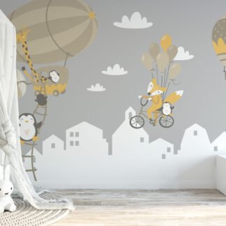 Pastel Hava Balonları ve Penguenler Çocuk Odası Duvar Kağıdı Bebek Odası Duvar Kağıtları