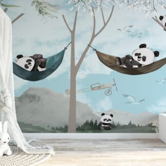 Ağaçlarda Rahatlayan Pandalar İllüstrasyonu Çocuk Odası Duvar Kağıdı Bebek Odası Duvar Kağıtları