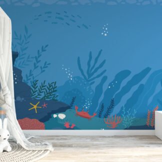 Karikatür Stili Mavi Denizaltı Okyanus Duvar Kağıdı, Okyanus Çocuk Odası Duvar Posteri Çocuk Odası Duvar Kağıtları