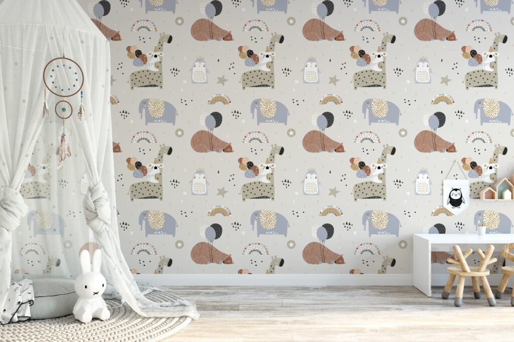 Tatlı Uyuyan Hayvanlarla Soft Renkler Duvar Kağıdı, Hayvan Desenli Çocuk Odası 3D Duvar Posteri Bebek Odası Duvar Kağıtları 4