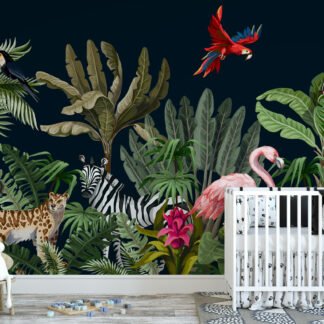 Koyu Zeminli Tropikal Orman ve Egzotik Hayvanlar Duvar Kağıdı, Egzotik Hayvan ve Çiçekli Duvar Posteri Çocuk Odası Duvar Kağıtları