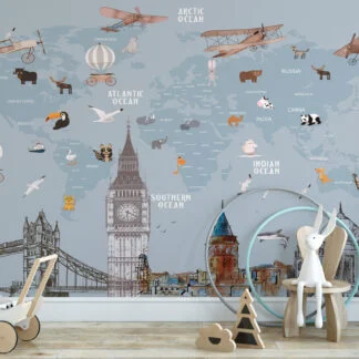 Hayvanlar ve Dünyaca Ünlü Yapılarla Dünya Haritası Çocuk Odası Duvar Kağıdı Bebek Odası Duvar Kağıtları