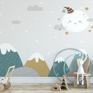 Sevimli Uyuyan Ay, Yıldızlar ve Dağlar Çocuk Odası Duvar Kağıdı Bebek Odası Duvar Kağıtları