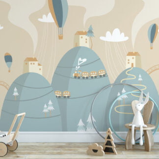 Dağlar, Trenler ve Sıcak Hava Balonları Çocuk Odası Duvar Kağıdı Bebek Odası Duvar Kağıtları