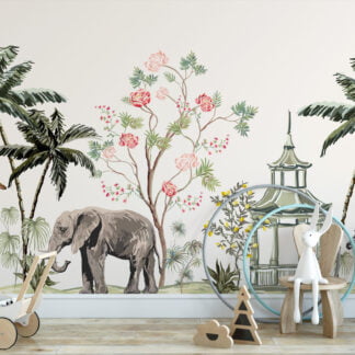 Safari Hayvanları ve Açık Zeminli Palmiye Ağaçları Duvar Kağıdı, Egzotik Hayvan Çin Sanatı Duvar Posteri Çocuk Odası Duvar Kağıtları
