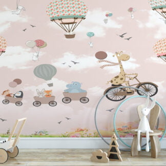 Pembe Pastel Sıcak Hava Balonları Çocuk Odası Duvar Kağıdı Bebek Odası Duvar Kağıtları