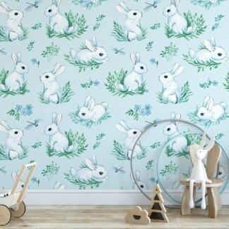 Açık Mavi Sulu Boya Etkisi Tavşan ve Yusufçuk Duvar Kağıdı, Tavşan Desenli Çocuk Odası 3D Duvar Posteri Bebek Odası Duvar Kağıtları