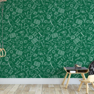 Yeşil Okul İkonları Çocuk Odası Duvar Kağıdı, Yeşil Tahta Karalamalar 3D Duvar Posteri Bebek Odası Duvar Kağıtları
