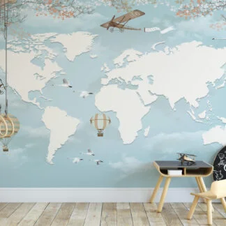 Pastel Açık Mavi Dünya Haritası Çocuk Odası Duvar Kağıdı Bebek Odası Duvar Kağıtları